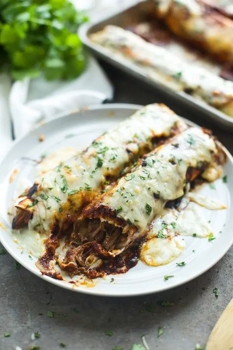 Shredded Beef Enchiladas with Ancho Chile Sauce - Cooking for Keeps Shredded Beef Enchiladas, Chile Sauce, Beef Enchiladas, Shredded Beef, Quesadillas, Mexican Dishes, Fajitas, Burritos, Trust Me