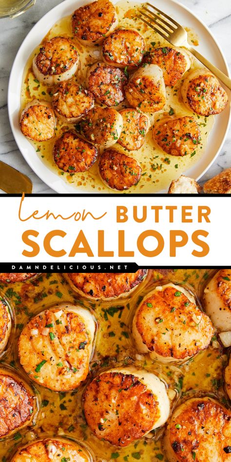 Whip up these garlic lemon butter salmon! 5 ingredients are all you need to have this seafood dish ready in just 10 minutes. So fancy with an amazing flavor, this easy scallop recipe will become one of your favorite weeknight dinners for family! Best Cooked Veggies, Healthy Recipes Seafood, Romantic Seafood Dinner For Two, Seafood Meals Dinners, Chicken And Fish Recipes, Healthy Meals Fish, Healthy Delicious Recipes Clean Eating, Creative Cooking Ideas, Nice Lunch Ideas