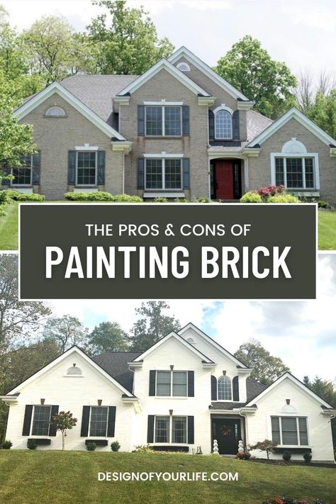 the pros and cons of painting exterior brick home Outside Brick Paint Colors, Painting Your Brick House Exterior, White Painted Brick Homes, Painted White Brick Exterior, Brick House Exterior Makeover Farmhouse, Painting Brick House Exterior, Brick House Remodel Exterior, Brick Painted White Exterior, Exterior Painted Brick Colors