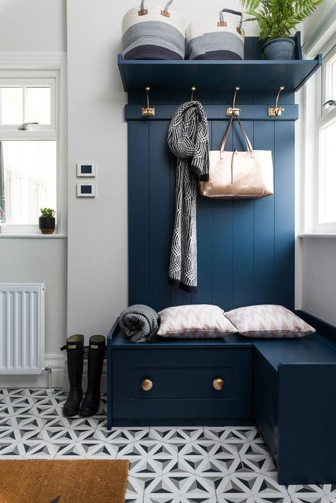 Blue Boot Room Ideas, Bootroom Porch Ideas, Porch Storage Uk, Porch Storage Ideas Entrance, Corner Hall Storage, Hallway Corner Storage, Bootroom Ideas Entryway, Corner Boot Room, Boot Room Panelling