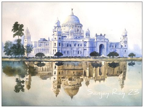 Victoria Memorial Painting, Kolkata Painting, Victoria Memorial Kolkata, Palace Painting, Kolkata Art, Krishna Tattoo, Landscape Watercolour, Victoria Memorial, Watercolor Scenery