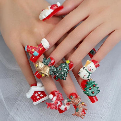 #affiliate #ad christmas nail art, press on nails, christmas nails, red nails, santa claus nails, snowman nails, winter nail art idea, viral nails Nails Long Square, Christmas Press On Nails, Press On Nails Long, Coffin Press On Nails, Nails For Women, New Nail Art, Nail Forms, 3d Christmas, Nails Long