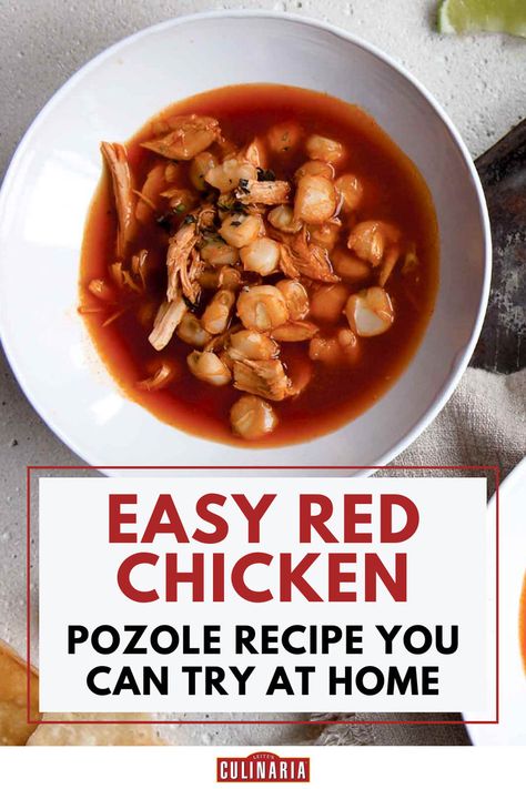 A bowl of red pozole filled with hominy and shredded chicken in a rich broth. Chicken Posole Recipe Red, Easy Red Posole Recipe, Easy Posole Recipe Chicken, Red Chicken Stew, Instant Pot Posole, Posole Recipes, Red Chicken Pozole, Easy Posole Recipe, Chicken Posole Recipe