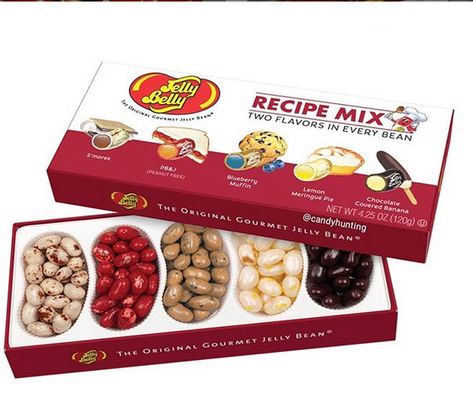 Jelly Belly is releasing new Recipe Mix beans! Each bean has two different flavors, presumably one in the shell and one in the center. Flavors include: S'mores, PB&J, Blueberry Muffin, Lemon Meringue Pie, and Chocolate Covered Banana. My taste buds are ready. Jelly Tots Sweets, Peanut Butter And Jelly Snacks, Jelly Belly Recipes, Jelly Filled Gummies, Magic Jelly Beans, Jelly Belly Flavors, Jelly Bean Flavors, Jelly Belly Beans, Chocolate Covered Bananas