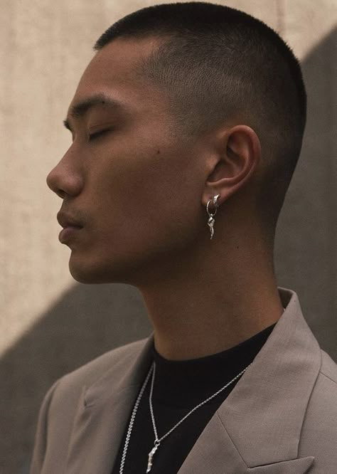 Asian Earrings Men, Men’s Earing Ideas, Asian Men Piercing, Men With Piercings, Business Casual Black Men, Piercings Men, Guys Ear Piercings, Men's Piercings, Asian Man Haircut