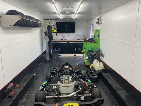 How is your trailer setup? - Getting Started in Karting - KartPulse: Karting’s Community Hub Race Trailer Organization, Race Trailer Ideas, Go Kart Trailer Setup, Race Trailer, Enclosed Race Trailer Ideas, Racing Trailer, Go Kart Suspension, Trailer Organization, Homemade Go Kart