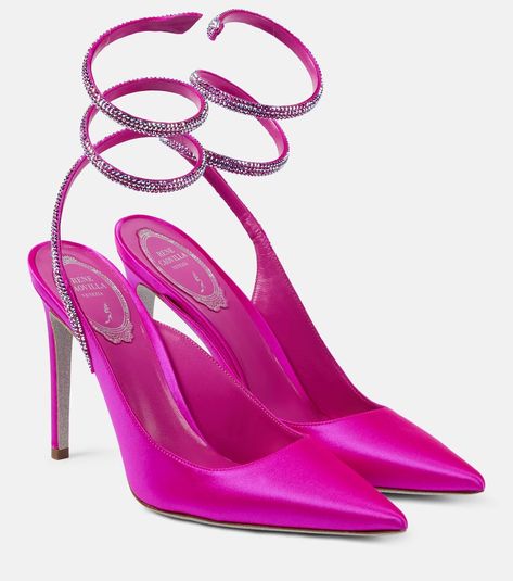 Cleo embellished satin pumps in pink - Rene Caovilla | Mytheresa Fuchsia Heels, Rene Caovilla Shoes, Rose Shoes, Gold Pumps, Designer Pumps, Blue Pumps, Rene Caovilla, Pink Pumps, Satin Pumps