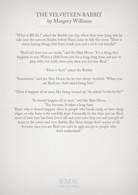 The Velveteen Rabbit by Margery Williams - Wedding Readings Ideas For Wedding Ceremony, Funny Wedding Speeches, Ceremony Readings, Best Man Wedding Speeches, Wedding Ceremony Readings, Best Wedding Speeches, Reading Poems, Wedding Speeches, Maid Of Honor Speech