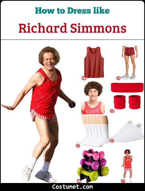 Richard Simmons Costume for Cosplay & Halloween 2021 Richard Simmons Halloween Costume, Richard Simmons Costume, Simpsons Costumes, Neon Carnival, Music Bingo, 80s Outfits, Richard Simmons, 50 Birthday, Red Tank Top