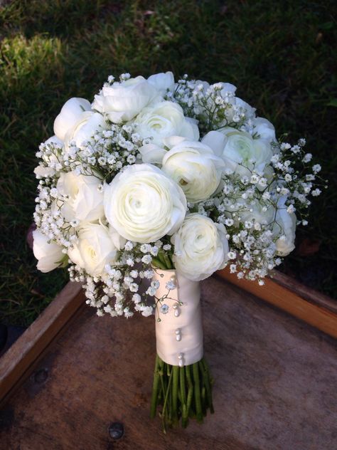 White Ranunculus and Baby's Breath Bridal Bouquet Baby's Breath Bridal Bouquet, Ranunculus Wedding Bouquet, Ranunculus Wedding, Simple Wedding Bouquets, Wedding Flowers Hydrangea, White Ranunculus, Bridal Bouquet Flowers, White Bridal Bouquet, White Wedding Bouquets