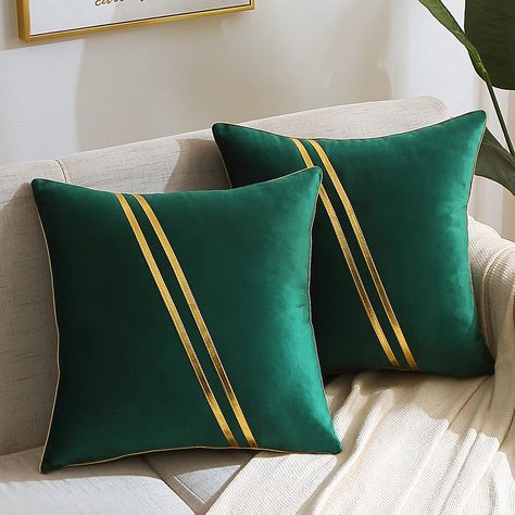 PRICES MAY VARY. Velvet SOFT VELVET THROW PILLOW COVERS - Made of high quality velvet fabric, very comfortable to touch and lay on, feature gold leather striped, add a unique and luxury style to your home; NOTE: Each package contains 2 piece 18 x 18 inch (45 x 45 cm) pillow covers only, PILLOW INSERTS ARE NOT INCLUDED EXQUISITE PILLOW COVERS FOR WIDE APPLICATION - The luxury pillow covers with gold leather striped are an easy way to update a room for the different season/ festival/ scene, perfec Diy Cushion Covers, Bed Cover Design, Gold Throw, Gold Throw Pillows, Cushion Cover Pattern, Velvet Throw Pillow, Cushion Cover Designs, Luxury Pillows, Living Room Sofa Design