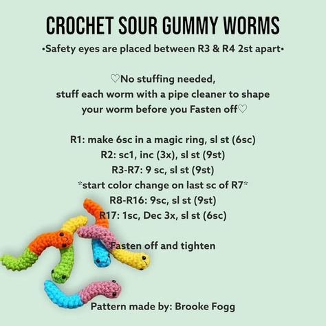 Crochet Gummy Worm Free Pattern, Worm Crochet Pattern, Gummy Worm, Crochet Tutorial Pattern, Crochet Plushies, Things To Crochet, Quick Crochet Patterns, Gummy Worms, Crochet Animals Free Patterns