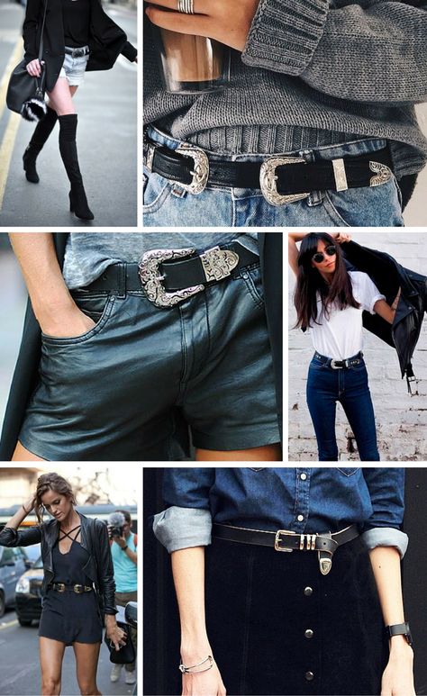 black western style belts with silver buckles seem to be popping up on the streets of the most fashionable women. // definitely a style trend worth noting #accessories #details Black Western Belt Outfit, Belt Trends, Black Leather Belt Outfit, Belt 2023, Belt Photography, Western Belt Outfit, Western Belt, Black Belt Outfit, Western Belts Outfit