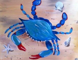 Wine and Canvas Nautical Canvas Painting Diy, Blue Crabs Art, Art Paint Party, Crab Painting, Beach Scene Painting, Crab Art, Wine And Canvas, Wine Design, Foil Art