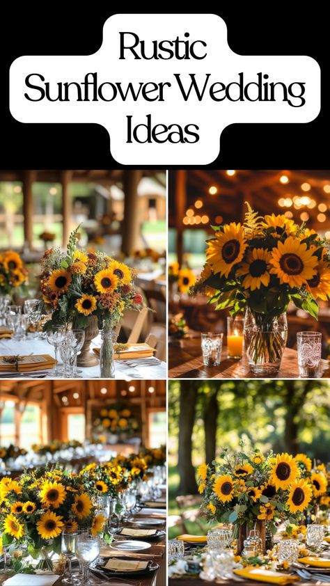 A rustic wedding scene with vibrant sunflower bouquets, rustic table settings, and sunflower decorations brightening up the venue, blending natural beauty with elegant, timeless style. Sunflowers For Wedding, Rustic Sunflower Wedding Ideas, Rustic Table Settings, Sunflower Wedding Ideas, Sunflower Weddings, Sunflower Decorations, Wedding Ideas Elegant, Elegant Wedding Ideas, Rustic Sunflower Wedding