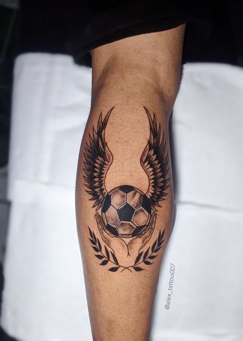 Football With Wings Tattoo, Heart With Puzzle Pieces Tattoo, Tattoo Football Ideas, Tattoo Futbol Ideas, Tattoo Football, Geometric Tattoo Hand, Calf Tattoo Ideas, Soccer Tattoos, Leg Sleeve Tattoos