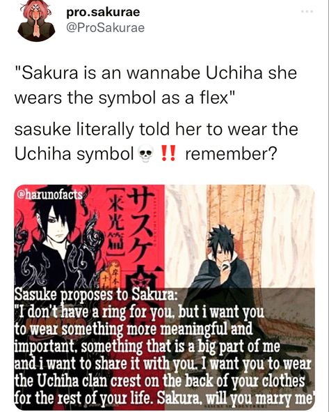 Sasusaku Headcanon, Uchiha Symbol, Sasuke Saving Sakura, Sasusaku Facts, Sasuke Sakura Sarada, Sasuke Uchiha Sakura Haruno, Uchiha Family, Cute Couple Comics, Naruto Sasuke Sakura