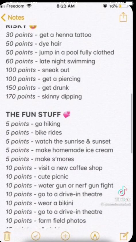 Hit Girl Summer Bucket List Points, Summer Points Game List, Summer Bucket List Points, Summer Points Game, Summer List Ideas, Pics Or It Didn't Happen, Summer Rules, Ultimate Summer Bucket List, Best Friend Bucket List