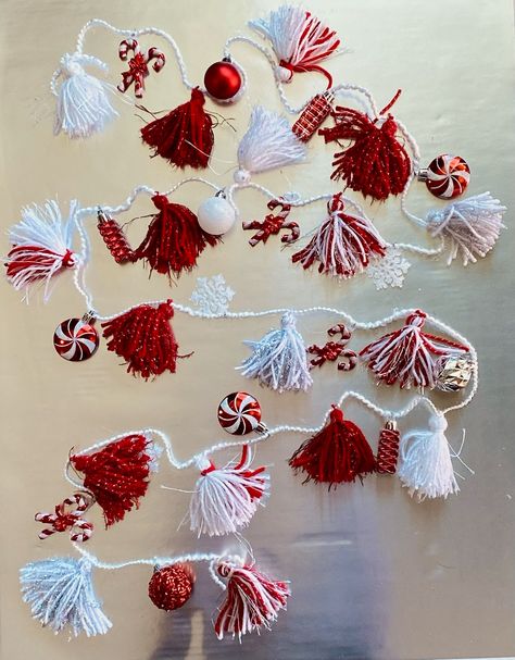 Peppermint Garland, Candy Cane Garland, Peppermint Candy Ornaments, Tassel Christmas, Handspun Art Yarn, Holiday Garland, Art Yarn Handspun, Candy Ornaments, Holiday Garlands