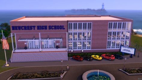 Newcrest High School Sims 4 High School Building, Sims 4 High School, High School Building, Beverly Hills High School, Sims 4 Challenges, School Building, School Signs, Sims Mods, Sims 4 Cc