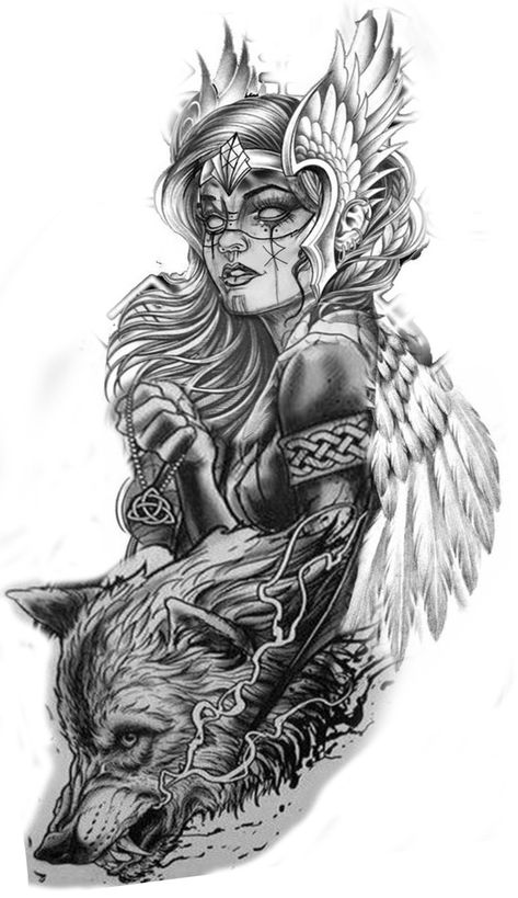 Battlefield Tattoo Ideas, Valkyrie Back Tattoo, Nordic Goddess Tattoo, Mythical Back Tattoo, Freya Tattoo Ideas, Wolf Arm Tattoo Woman, Viking Goddess Tattoo, Freya Tattoo Norse Mythology, Freyja Goddess Tattoo