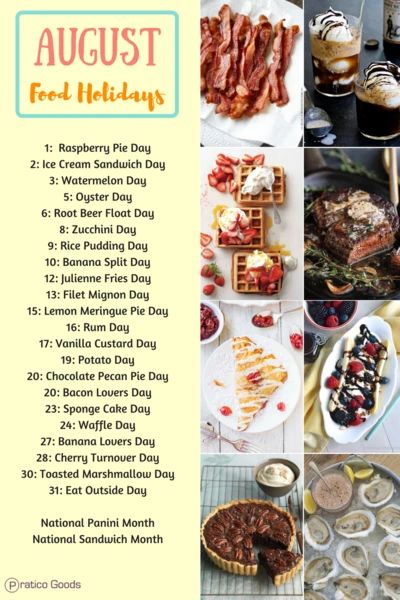 National Food Day Calendar, August Food, National Celebration Days, Monthly Holidays, National Holiday Calendar, Silly Holidays, August Holidays, Meal Calendar, Monthly Celebration