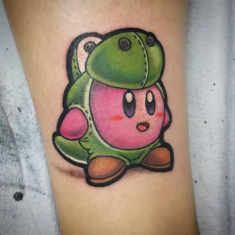 Pretty stoked on this little Kirby wearing a Yoshi costume I did on @samisativa I love doing color like this. #tattoo #tattoos #kirby… Kirby Tattoo Design, Yoshi Egg Tattoo, Yoshi Tattoo Design, Yoshi Tattoos, Mario Tattoos, Yoshi Tattoo, Kirby Tattoo, Yoshi Costume, Bro Tattoos