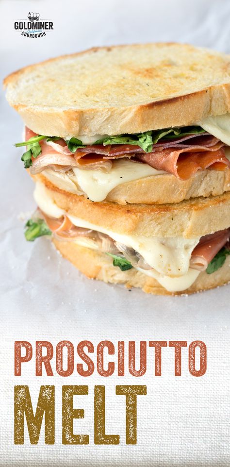 Prosciutto Melt: This Italian-inspired sandwich will melt hearts. Fontina cheese, prosciutto and nutty arugula are layered between California Goldminer Sourdough Jaco slices and griddled golden brown. Prosciutto Sandwich Ideas, Prosciutto Recipes Sandwich, Prosciutto Sandwich, Fontina Cheese, Soup And Sandwich, Wrap Sandwiches, Quesadillas, Italian Food, Grilled Cheese