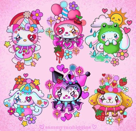 Sanrio Halloween Tattoo, Kuromi And Hello Kitty Tattoo, Sanrio Clown, Sanrio Tattoos, Hammer Tattoo, Hello Kitty Tattoos, Japan Tattoo Design, Kawaii Tattoo, Kitty Drawing