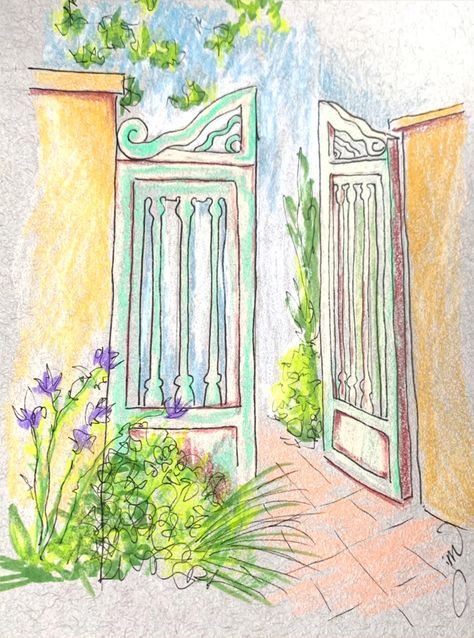 Fearless Friday, Garden Gate | The Painted Apron Garden Gate Drawing Simple, Fearless Friday, Painted Apron, Painting Food, Christmas Craft Show, Step By Step Watercolor, Watercolor Beginner, Garden Drawing, Garden Painting