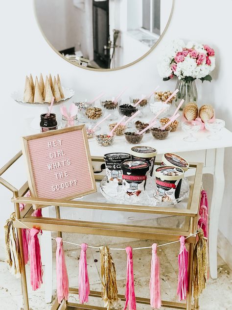 How to Set Up a DIY Ice Cream Bar Ice Cream Bar Bridal Shower Ideas, I’ve Cream Bar Ideas, Ice Cream Bachelorette Party, Ice Cream Bridal Shower Ideas Sundae Bar, Ice Cream Bar Bachelorette Party, Ice Cream Bar Menu Board, Ice Cream Bar Party Ideas, Ice Cream Party Bar, Sleepover Set Up Ideas