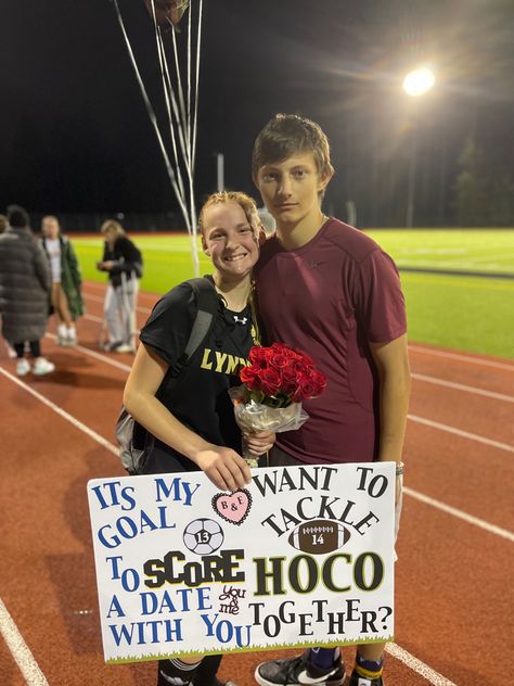 Soccer and football players HOCO sign invite Soccer Hoco Signs, Girl Ask Guy, Hoco Posters, Hoco Signs, Cute Hoco Proposals, Dance Proposals, Cute Homecoming Proposals, Dance Proposal, Hoco Ideas