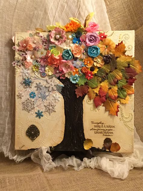 Four Seasons Tree Mixed Media Canvas Seasons Tree Art, Season Tree Painting, Four Seasons Tree Craft, Mixed Media Tree Art Ideas, Tree Four Seasons Art, 4 Season Tree Art, 4 Seasons Tree Painting, Family Tree Canvas, Four Seasons Art