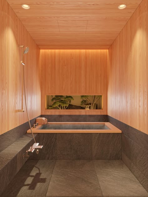 Onsen Inspired Bathroom, Japanese Bathroom Aesthetic, Japanese Shower Room, Japanese Home Architecture, Japanese Bath House, Japanese Bathroom Design, Japanese Bathtub, Japanese Style Bathroom, Japanese House Design