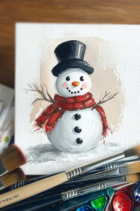 25 Beautiful Hand Painted Christmas Cards Ideas to Inspire Your Creativity Christmas Painting Snowman, Watercolor Christmas Snowman, Watercolor Snowmen Christmas Cards, Watercolor Art For Christmas, Christmas Paintings Snowman, Simple Snowman Painting, Cozy Christmas Painting, Christmas Card Painting Ideas Acrylic, Hand Painted Snowman