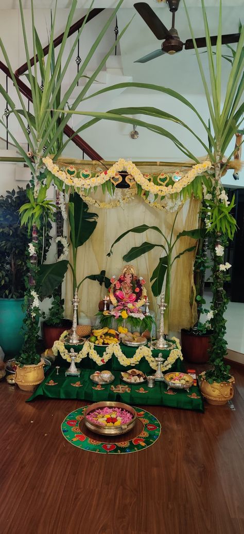 Laxmi Pooja, Chaturthi Decoration, Ganesh Chaturthi Decoration, Pooja Decor, Pooja Mandir, Pooja Room Door Design, Goddess Decor, Room Door Design, Pooja Room