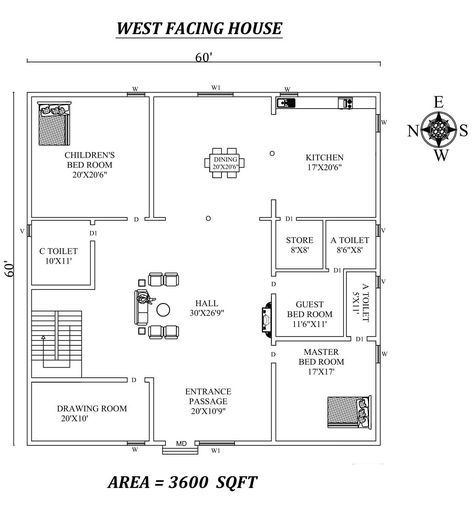 Autocad Drawing file shows 60'X 60' spacious 3bhk West facing House Plan As Per Vastu Shastra. The total buildup area of this house is 3600 sqft. The kitchen is in the Southeast direction. The storeroom is available near the kitchen is in the south direction. Dining is in the East Direction. The Hall is Placed in the northwest direction of the house. The master bedroom available in the southwest direction with the attached toilet is in the south direction. kid's bedroom is in the Northeast dire 60x60 House Plans, West Facing House Plan, South Facing House, West Facing House, North Facing House, 20x40 House Plans, East Direction, Vastu House, 2bhk House Plan