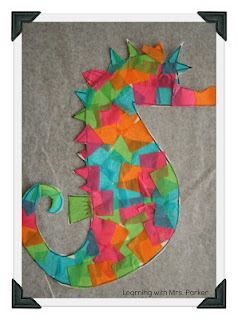 Cute seahorse made with paper plate (or construction paper) and colored tissue paper "tiles" Seahorse Craft, Seahorse Crafts, Cute Seahorse, Under The Sea Crafts, Summer Themes, Seahorse Art, Ocean Activities, Sea Crafts, Under The Sea Theme