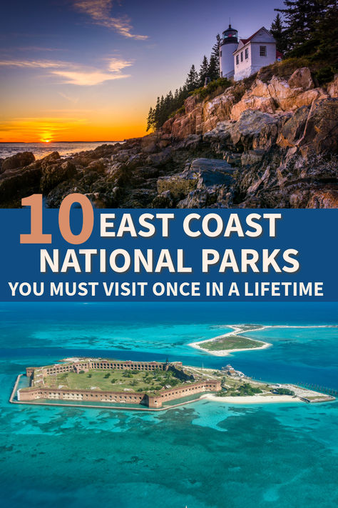 This practical guide will take you to the 10 best East Coast National Parks. Here you will find info about the parks, what to do and see there, plus suggestions for tours, activities, and where to stay near the park. Be ready to experience the rugged beauty of Acadia, the ancient forests of the Great Smoky Mountains, stunning sea views, and much more. USA National Park | National Parks East Coast | East Coast Parks | USA Parks | New River Gorge National Park, Best National Parks, North America Travel Destinations, National Park Camping, East Coast Road Trip, New River Gorge, Bali Travel Guide, Canada Travel Guide, National Parks Photography