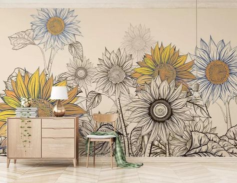 Painting Sunflower 2520 Wallpaper Mural Self Adhesive Peel and | Etsy New Zealand 3d Sunflower, Kindergarten Wallpaper, Sunflower Wallpaper, Wall Mural Wallpaper, Kids Wall Decor, Wallpaper Stickers, Old Wall, Watercolor Wallpaper, Nursery Wallpaper