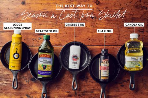 The Best Oil to Season a Cast Iron Pan? Grapeseed Oil. Here's Why. | Kitchn Season A Cast Iron Skillet, Season Cast Iron, Cleaning Cast Iron Pans, Housekeeping Ideas, Season Cast Iron Skillet, Seasoned Cast Iron Pan, Cast Iron Skillet Cooking, Cast Iron Care, Cast Iron Skillets