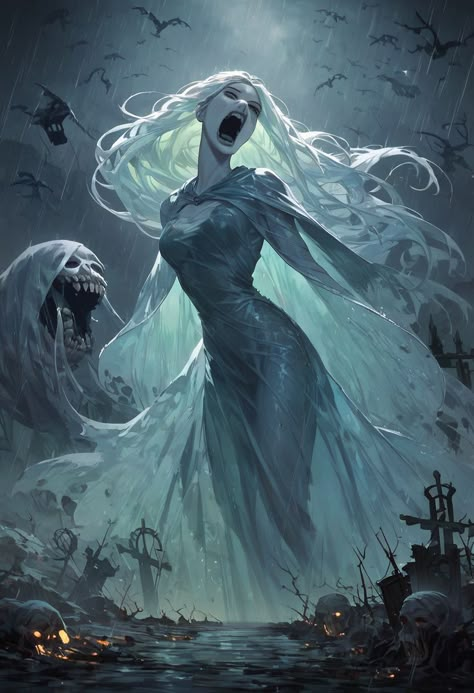 Leanan Sidhe Fantasy Art, Snow Goddess Art, Banshee Art Mythology, Ghost Warrior Fantasy Art, Banshee Character Design, Shadow Creature Concept Art, Ghost Woman Art, Female Ghost Art, Banshee Drawing