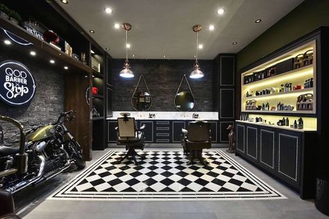 Garage Barbershop Ideas, Garage Barbershop, Barbershop Design Interior, Barbershop Ideas, Barber Shop Interior, Barber Logo, Barbershop Design, Barber Shop Decor, Motorcycle Shop