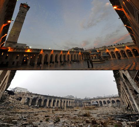 Aleppo, Syria before and after ~ Photo by...Omar Sanadiki/REUTERS© Syria Before And After, Umayyad Mosque, Aleppo Syria, Ruined City, Western Asia, Western World, Historical Pictures, The Atlantic, Countries Of The World