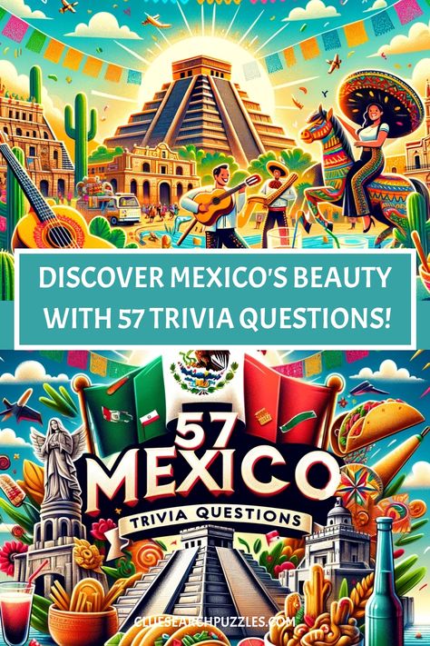 Uncover the enchanting beauty of Mexico while testing your knowledge with 57 trivia questions! Delve into the rich culture, history, and geography of this vibrant country from the comfort of your own home. Challenge yourself or quiz your friends to see who knows more about Mexico's fascinating landmarks, traditions, and people. Get ready for a fun and educational journey through this captivating destination! Perfect for game nights, classrooms, or simply expanding your knowledge in an engaging w Famous Mustaches, Butterfly Migration, Mexican Army, Mexican Holiday, Diego Luna, Game Nights, Trivia Quiz, Indigenous Community, Trivia Questions