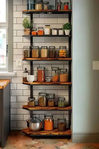 32 Open Shelving Kitchen Ideas That Blend Storage And Style Kitchenette Shelving Ideas, Open Corner Shelves Kitchen, Kitchen Wall Storage Ideas, Corner Shelves Kitchen, Shelving Kitchen Ideas, Open Shelving Kitchen Ideas, Shelving In Kitchen, Kitchen Shelving Unit, Kitchen Wall Rack