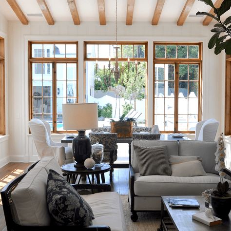 Wood Windows White Trim, Natural Wood Trim, Formal Living Room Designs, Interior Windows, Wood Windows, Wood Trim, Formal Living Rooms, Formal Living, White Trim