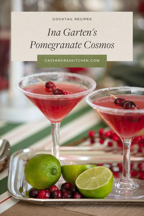 Ina Garten Pomegranate Cosmo, Cosmo Drink Recipe, Ina Garten Cranberry Martini, Cosmos For A Crowd, Spiced Pomegranate Cocktail, Pomegranate Cocktails Recipes, Ina Garten Cocktail Recipes, Pomagranet Christmas Drink, Christmas Cosmos Recipe