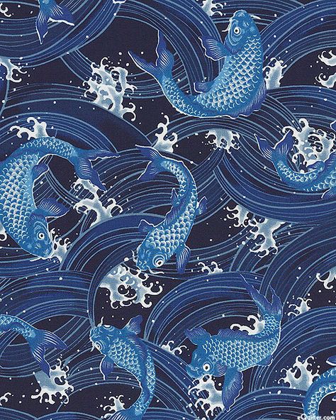 Koi jump and swim through rolling waves of water. Larger fish are about 4", from the 'Imperial Palace' collection by Sevenberry for Robert Kaufman Fabrics. Made in Japan.  Quilt Fabrics from www.eQuilter.com Blue Koi, Japan Traditional, Fabric Fish, Chinese Aesthetic, Blue Anime, Imperial Palace, Japan Aesthetic, Japanese Aesthetic, Data Protection