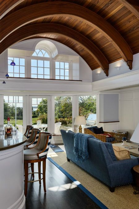 The distinctive mahogany barrel ceiling. Source: Rob Karosis Photography Boston Living Room, Beach Style Living Room, Quonset Homes, Quonset Hut Homes, Barrel Vault Ceiling, Barrel Ceiling, Shingle Style Homes, Nautical Home, Custom Home Builders